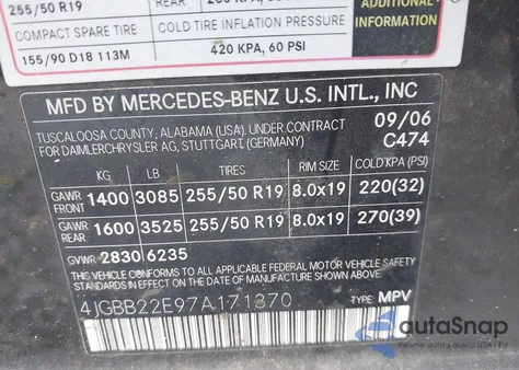 2007 Mercedes-Benz Ml 320 Cdi 4Matic из США, поврежденный, VIN 4JGBB22E97A171370